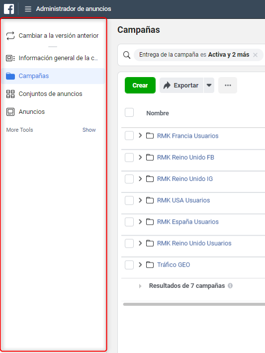Captura de la nueva barra lateral de Facebook Ads